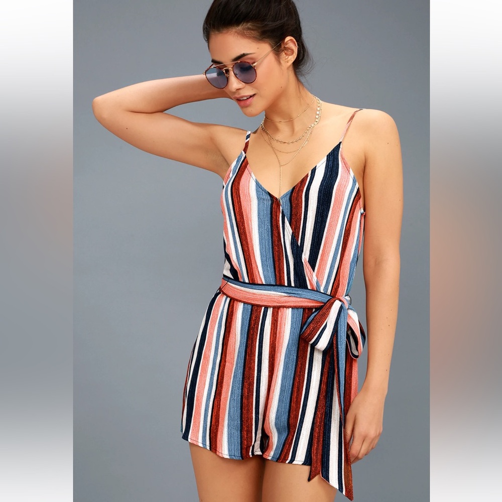 Lulus Angelene Blue and Orange Striped Sleeveless Romper